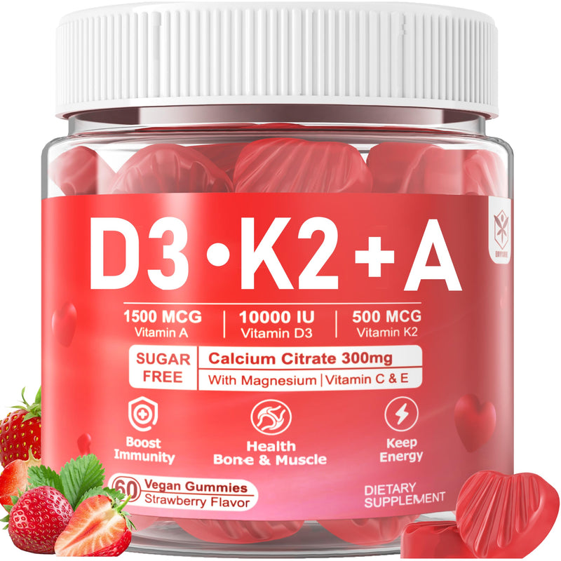 Vitamin D3 + K2 + A Gummies 5000IU/10000 IU - Vitamin D3 Con K2 Supplement with Calcium Magnesium Zinc, Vitamin C & E, High Dose Ultimate Absorbency for Bones, Muscles, Teeth, Vision, Vegan 2 Packs 60 Count (Pack of 2)