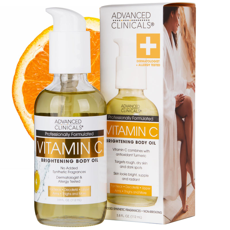 Advanced Clinicals Brightening Vitamin C Body Oil For Women & Men | Vitamin C Glow Oil Skin Care Body Moisturizer With Vitamin E + Botanicals To Help Improve Look Of Dark Spots + Dry Skin, 3.8 Fl Oz Vitamin C Brightening Body Oil 3.8 Fl Oz (Pack of 1)