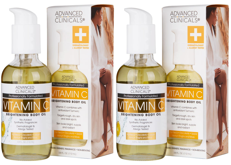 Advanced Clinicals Vitamin C Brightening Body Oil For Women & Men | Vitamin C Oil Skin Care Body Moisturizer With Vitamin E + Botanicals To Help Improve Appearance Of Dark Spots + Dry Skin, 2PC Vitamin C Body Oil 3.8 Fl Oz (Pack of 2)