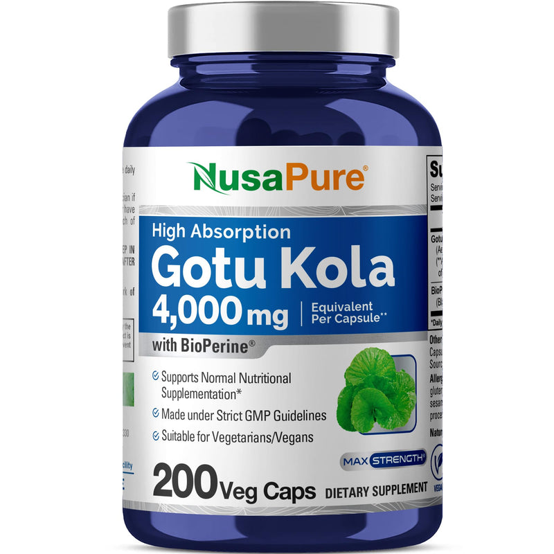 NusaPure Gotu Kola Capsules 20:1 Extract, 200 mg Equivalent to 4000mg Per Veggie Caps, 200 Count, Non-GMO, Vegan, Bioperine - Traditional Herb Extract - BeesActive Australia