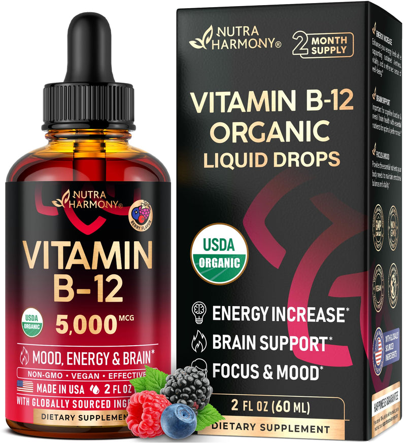 USDA Organic Vitamin B12 Sublingual Drops - Methylcobalamin 5000 mcg - 2 Oz | Vitamin B12 for Women & Men - Energy Boost, Focus & Brain Support - Bioavailable - Berry Flavor, Sugar-Free - 60-Day Supply Drops 2 fl oz
