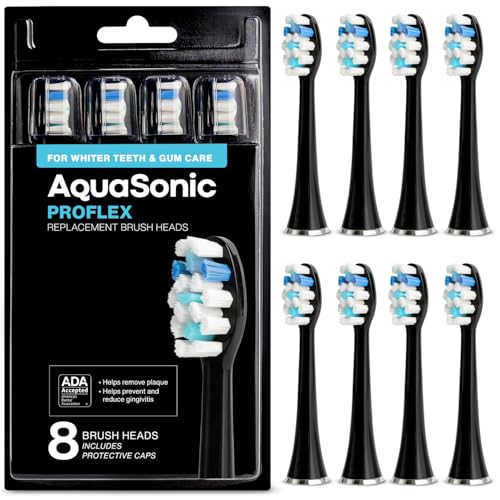 AquaSonic Genuine Proflex Replacement Brush Heads | ADA Accepted | for Whiter Teeth & Gum Care | Compatible with Many AquaSonic Toothbrush Handles (8 Pack Black) 8 Pack Black 8 Count (Pack of 1)