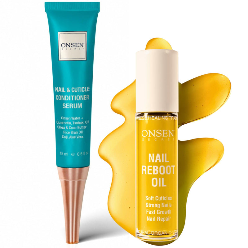 Onsen Secret Nail Reboot Duo - Treatment for Damaged Nails - Natural Nail Care & Cuticle Repair - Visible Results For Perfect Nails, Cuticle Conditioner Cream 15ml & Nail Reboot Oil 10ml 0.85 Fl Oz (Pack of 2)
