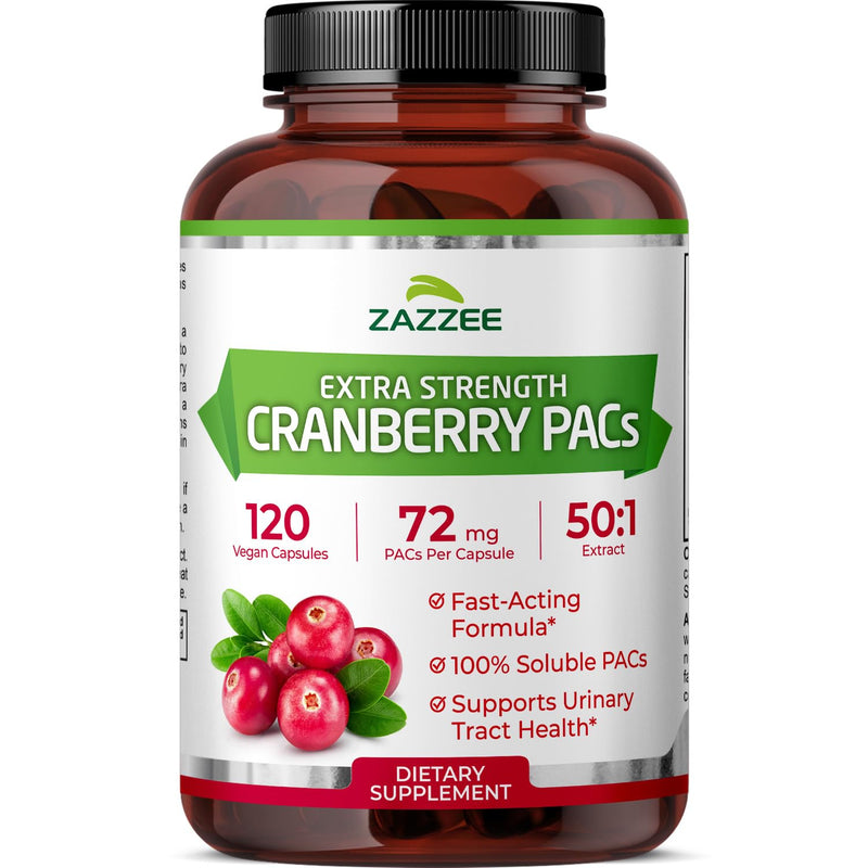 Zazzee Cranberry PACs, 72 mg PACs per Capsule, 2X Strength, 100% Soluble, 120 Vegan Capsules, 50:1 Extract, 18,200 mg Strength, Fast-Acting, Effective Urinary Tract Support, Made in The USA - BeesActive Australia