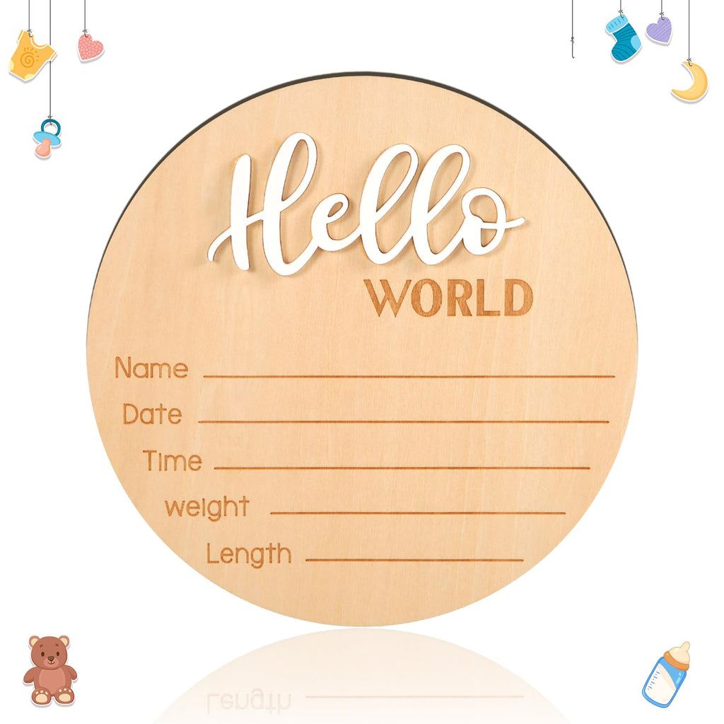 Baby Announcement Sign, 5.9 Inch Wooden Hello World Newborn Sign Birth Announcement Signs Baby Name Announcement Plaques for Photo Props Baby Shower Hospital Nursery