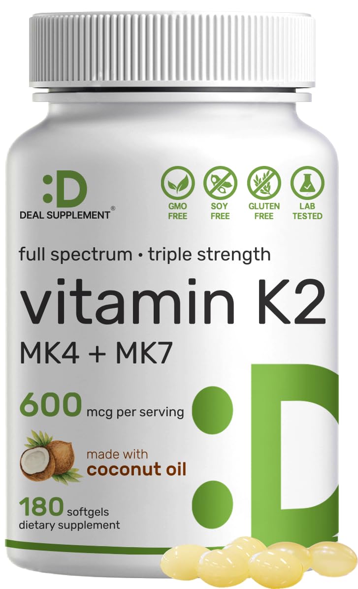 Vitamin K2 Supplement 600mcg, 180 Virgin Coconut Oil Softgels (6 Month Supply) – Full Spectrum MK-7 & MK-4 Forms, High Absorption, Triple Strength K Vitamins – Bone, Joint, & Immune Support – Non-GMO Vitamin K2 MK7 + MK4 - BeesActive Australia