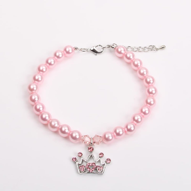 Dog Cat Pearls Necklace Collar with Rhinestones Crown Charm Pendant Pet Puppy Jewelry (L, Pink) L - BeesActive Australia