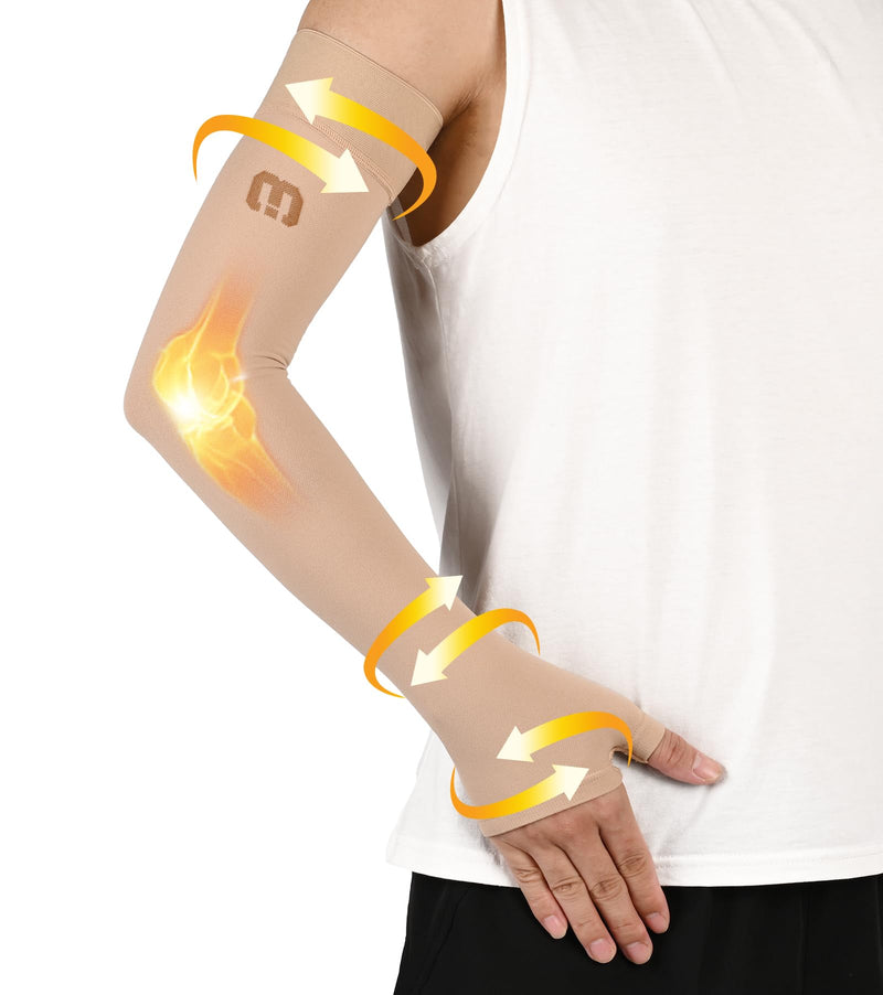 MGANG Lymphedema Compression Arm Sleeve with Gauntlet for Women Men, Opaque, 15-20 mmHg Medical Graduated Compression Full Arm Support, Thumb Lymph Edema Arm Sleeve, Pain Relief, Arthritis, Beige XL X-Large (Single) 15-20mmhg Beige - BeesActive Australia