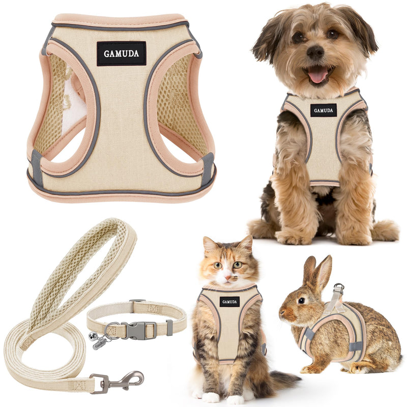GAMUDA Small Pet Harness Collar and Leash Set, Step in No Chock No Pull Linen Fabric Soft Mesh Dog Vest Harnesses Reflective for Dogs Puppy Cats Kitten Rabbit (Khaki, S) Khaki - BeesActive Australia