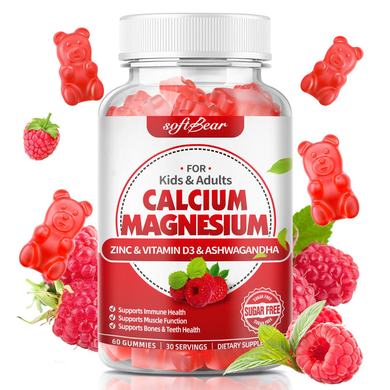 softbear Calcium Magnesium Zinc Gummies for Women, Calcium Magnesium Supplement with Vitamin D3 for Bone Strength, Vegan/Sugar-Free, Raspberry Flavor 60 Count 60 Count (Pack of 1)