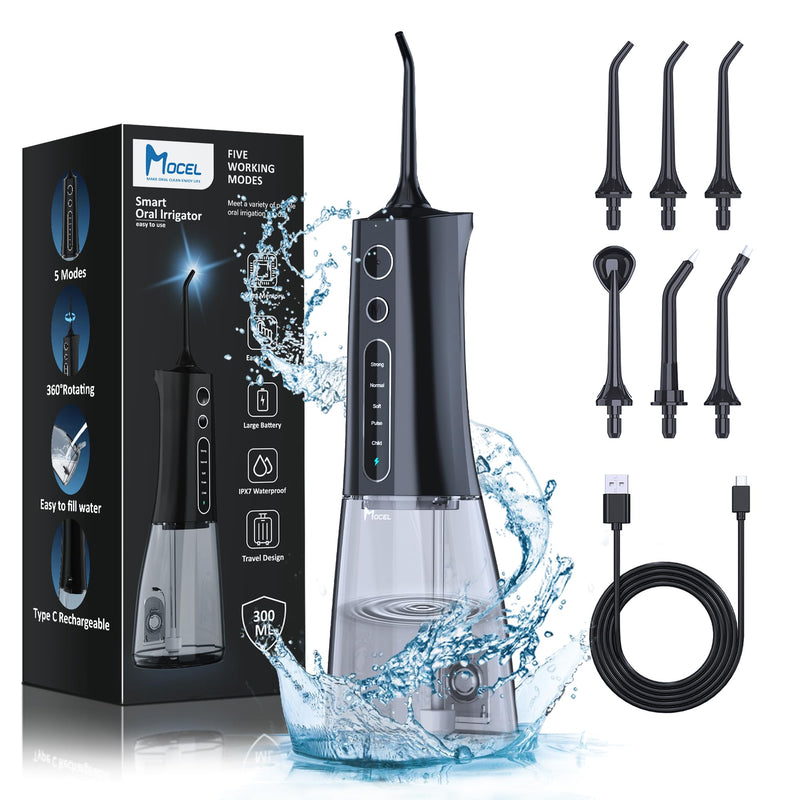 Water Dental Flosser OLED Display Cordless Teeth Cleaning MOCEL 5 Modes Oral Irrigator 300ML Portable and USB C Rechargeable IPX7 Waterproof Floss Teeth Pick (Black) Black