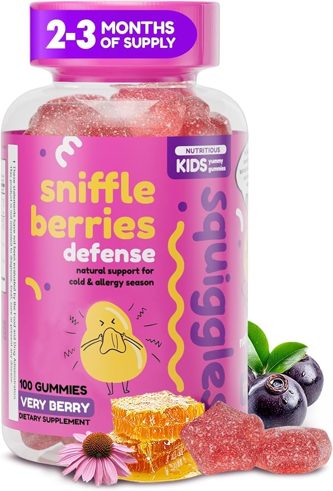 Squiggles Sniffle Berries Elderberry Gummies for Kids Immune Support, 100ct | Kids Immunity Gummies with Bee Propolis & Echinacea, Chewy Elderberry Kids Gummy Vitamins for Health, Toddler Immune Booster
