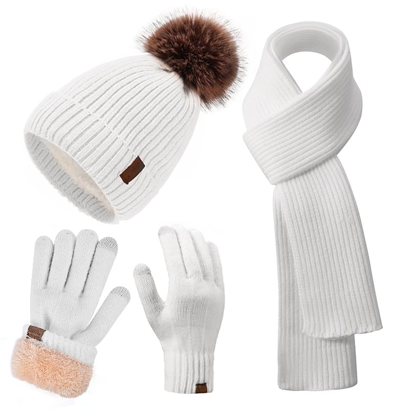 Winter Beanie Hat Scarf Gloves Set for Women, Classic Beanie with Removable Pom Pom Long Scarf Touchscreen Gloves 3 in 1 Set White
