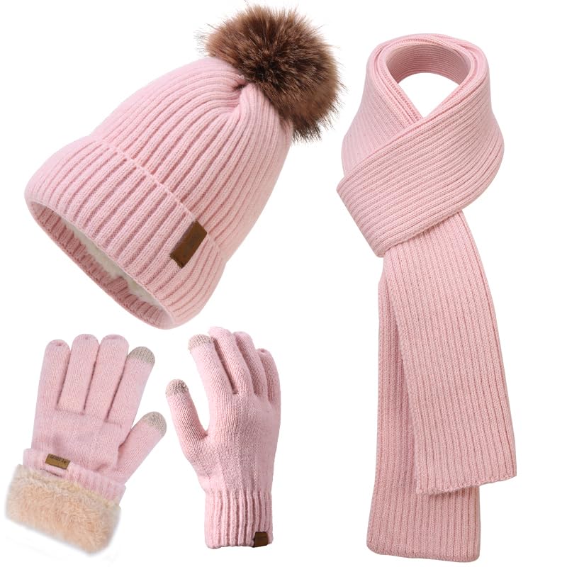 Winter Beanie Hat Scarf Gloves Set for Women, Classic Beanie with Removable Pom Pom Long Scarf Touchscreen Gloves 3 in 1 Set Pink