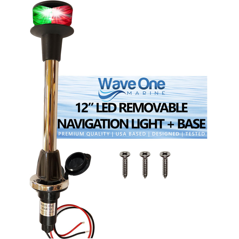 Wave One Marine 12" LED Bow Removable Bi-Color Navigation Light With Stainless Plug In Base | Boat 2 Pin Pole Pontoon Red Green Lights 1NM Visibility | 12 Volt DC | Night Nav Waterproof Inches - BeesActive Australia