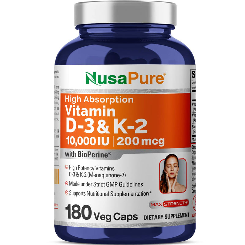 Vitamin D3 & K-2, 10000 IU, Non-GMO, 200mcg, 180 Veg Caps - 180 Servings | Dietary Supplement Formula, Added BioPerine, Suitable for Adults, Vegan, Manufactured in a cGMP Registered Facility USA