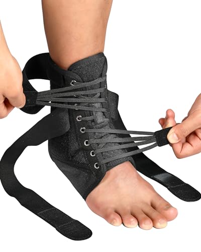 Quick Lace Up Ankle Brace for Women Men with Removable Side Splints, Adjustable Ankle Support for Sprained Ankle Injury Recovery, Ankle Stabilizer for Basketball Volleyball Tennis, 1 Unit M Black Stripes