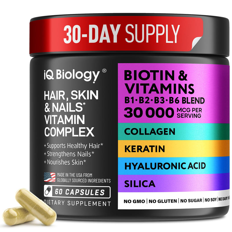 Biotin 10,000 mcg Supplement - Hair Growth Support for Women & Men - 60 pcs | Hair Skin and Nail Vitamins with Keratin, Collagen, Hyaluronic Acid & Vitamin B Complex - 30,000 mcg Hair Vitamins Complex 60 Count (Pack of 1)