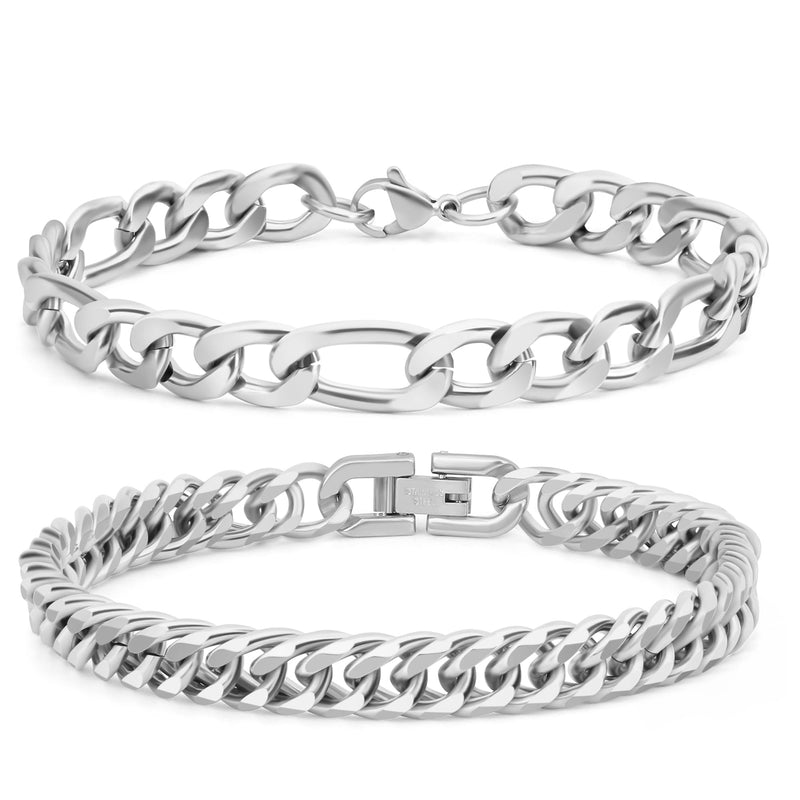 Aospkle 2PCS Cuban Link Figaro Bracelet, Silver Gold Black Sturdy 316L Stainless Steel Cuban Link Chain for Men Jewelry Set with Gift Message Card 8mm, 7/8/9 Inches 9 inches - BeesActive Australia