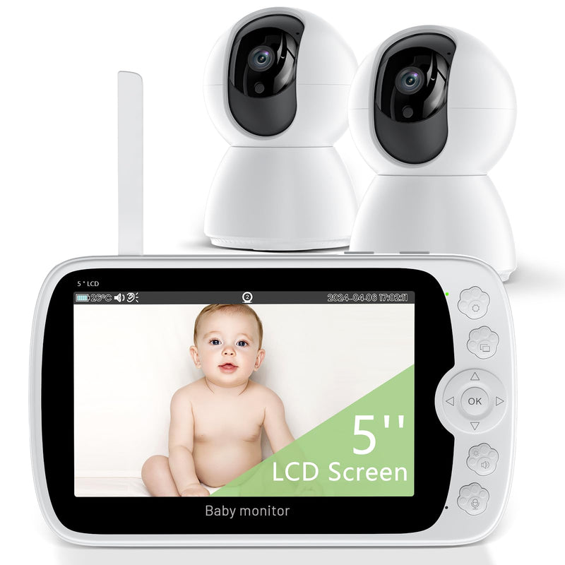 Split Screen Baby Monitor, Baby Monitor with 2 Cameras, 5" Pan-Tilt-Zoom Video Baby Monitor, HD Baby Video Cameras Monitor Audio with VOX Mode, Night Vision & 8 Lullabies and 1000ft Long Range No Wifi - BeesActive Australia