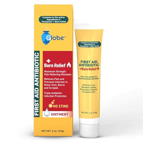 Globe First Aid Antibiotic Burn Relief, Maximum Strength Triple Antibiotic Ointment for 24-Hour Infection Protection 2 Ounce