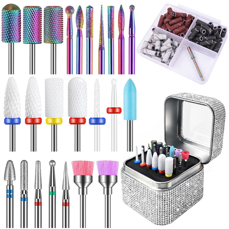 100Pcs Nail Drill Bits Set with Storage Box – 25Pcs Tungsten Carbide & Ceramic & Cuticle Professional Bits + 75Pcs Small Sanding Bands (80/120/180 Grit) Manicure & Pedicure Tools Kit Gift for Women Silver Set
