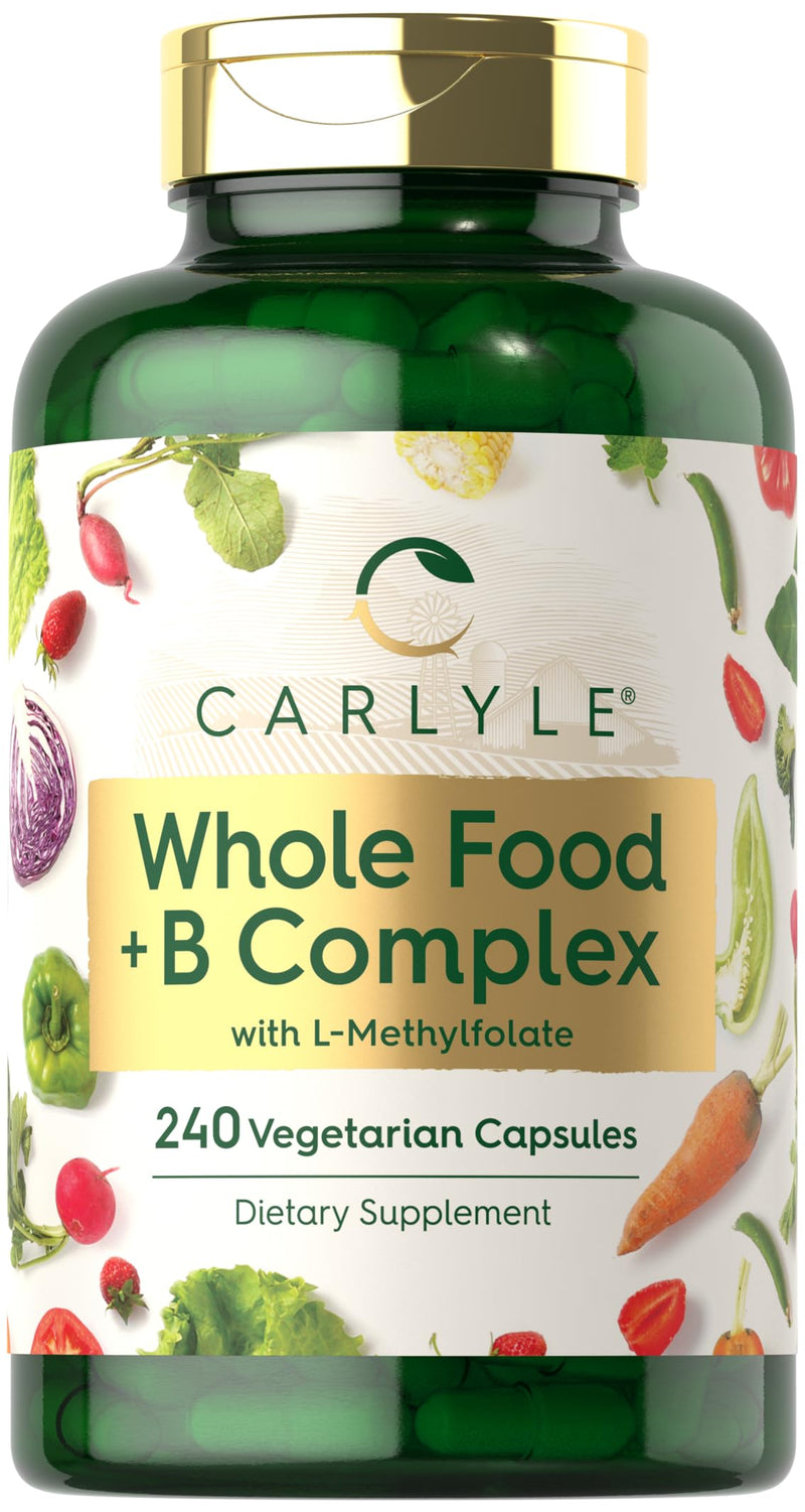 Carlyle Vitamin B Complex Whole Foods Blend | 240 Capsules | with B1, B2, B6, B12, Biotin, Niacin, and Methylfolate | Vegetarian, Non-GMO & Gluten Free Supplement