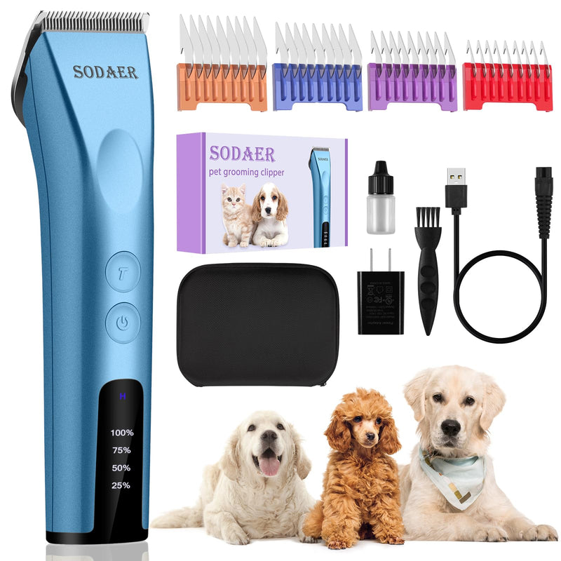 Professional Animal Pet Dog Cat and Horse Cordless Hair Clipper Grooming Kit with 5 in 1 Blade Low Noise & High Power Rechargeable Cordless Pet Grooming Clipper for for Thick Heavy Coats (blue) Blue - BeesActive Australia