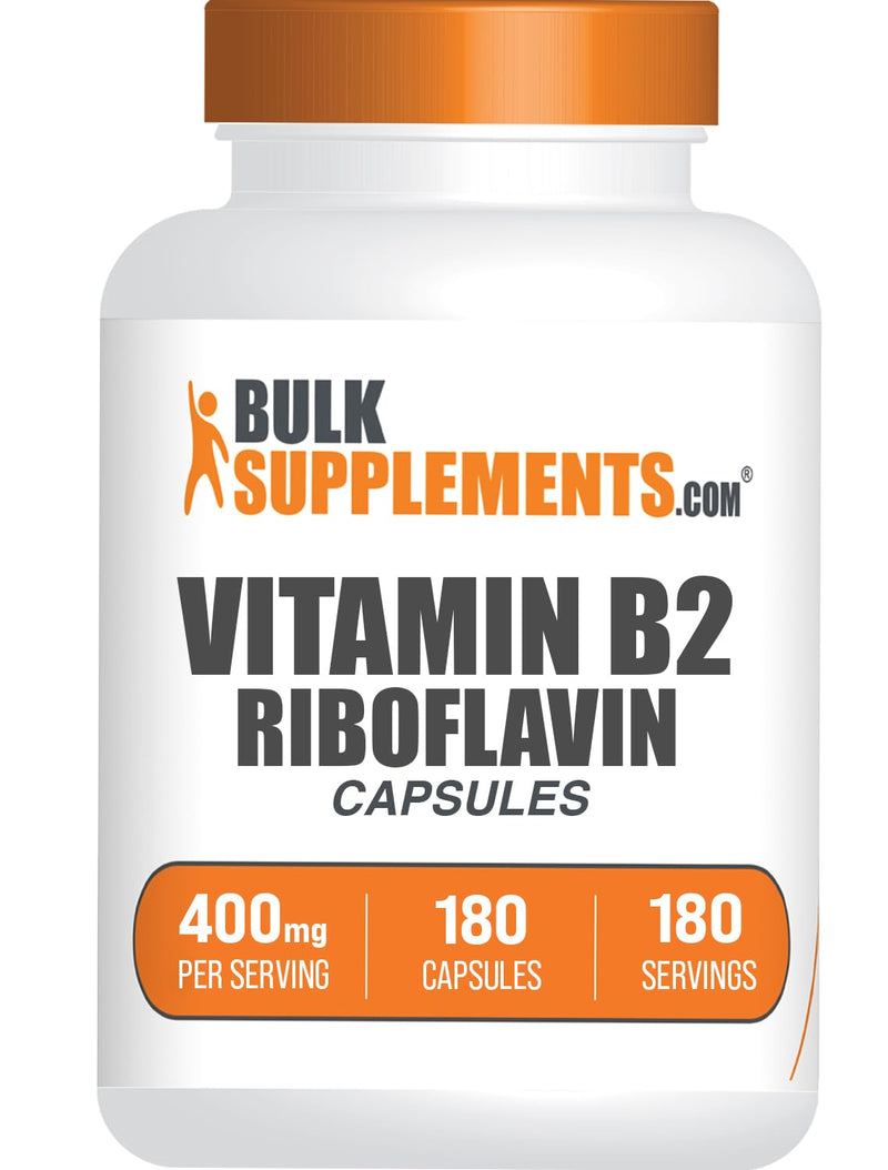 BulkSupplements.com Riboflavin Capsules - Vitamin B2 400 mg, Riboflavin 400mg - Essential B Vitamin, Gluten Free, 1 Capsule per Serving, 180 Capsules (Pack of 1) 180 Count (Pack of 1)