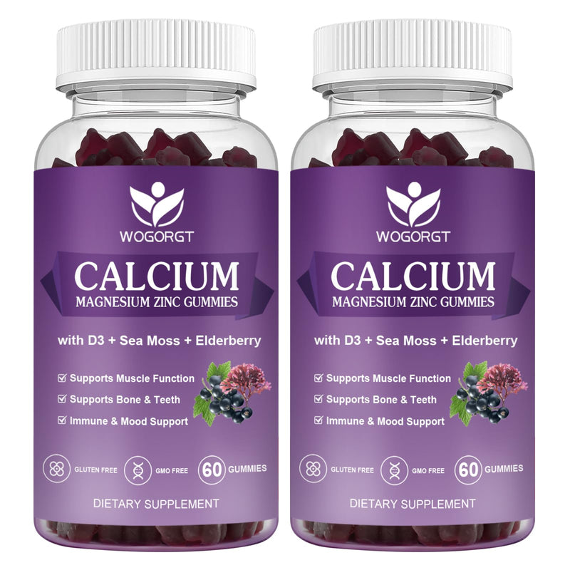 2Pack Calcium Magnesium Zinc Gummies with Vitamin D3 for Women & Men, 60Ct | WOGORGT - Chewable Calcium Magnesium Zinc D3 Supplement with Sea Moss, Elderberry for Bone, Teeth, Immune Support, Vegan 60 Count (Pack of 2)