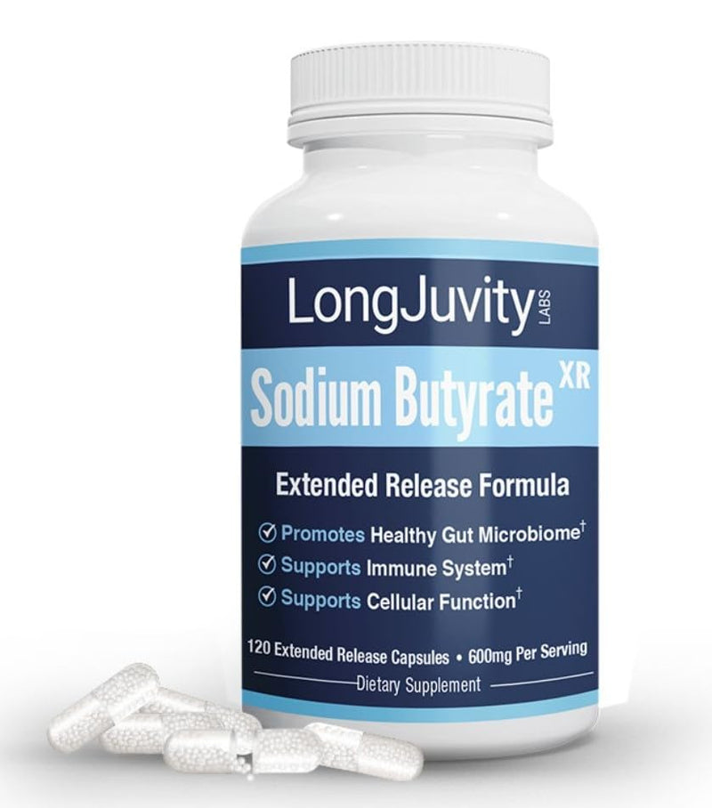 LongJuvity Sodium Butyrate Supplement (300mg) - Naturally Sourced Postbiotic - Optimal Gut Health & Leaky Gut Repair - Postbiotic Short Chain Fatty Acid, Lab Tested (120 Extended Release Caps) - BeesActive Australia