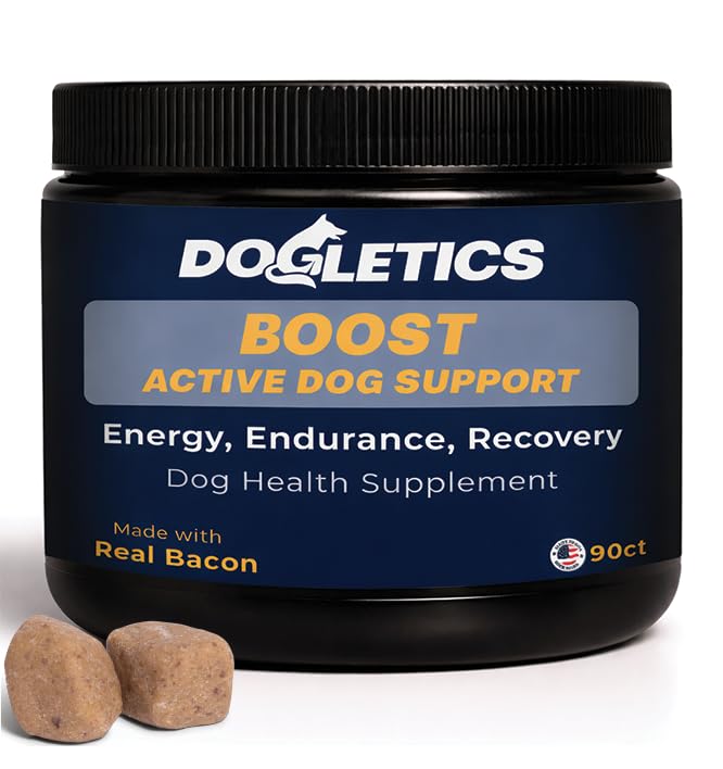 Boost Active Dog Support: Improve Energy, Endurance, Recovery & Longevity- 90ct USA Made with Real Bacon Boost
