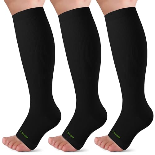 LEVSOX Open Toe Compression Socks for Women & Men 20-30mmHg Toeless Sock Knee High Support Stockings for Circulation Nurses Pregnant Travel X-Large 3 Pairs/Black