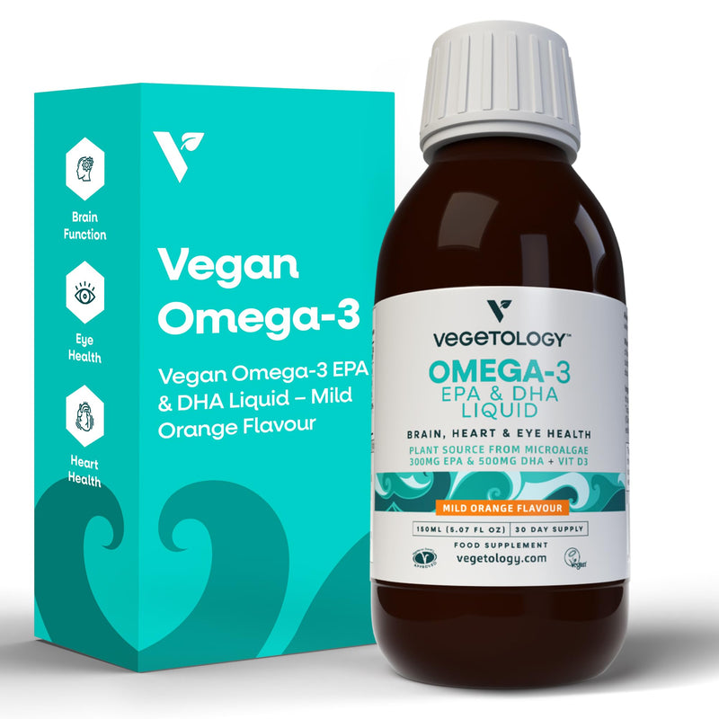VEGETOLOGY Vegan Omega 3 Liquid, from Microalgae, 800mg of EPA DHA, with Vitamin D3, Supports Heart, Brain, and Eye Health, Natural Fish Oil Alternative, UK Made, Mild Orange Flavoured