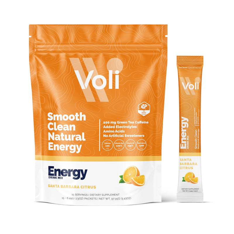 Voli Energy Drink Mix Packets | 100mg Green Tea Caffeine + Electrolytes | No Jitters, No Crash, No Added Sugar | Sustained Clean Energy & Mental Focus | Santa Barbara Citrus, 15 Count