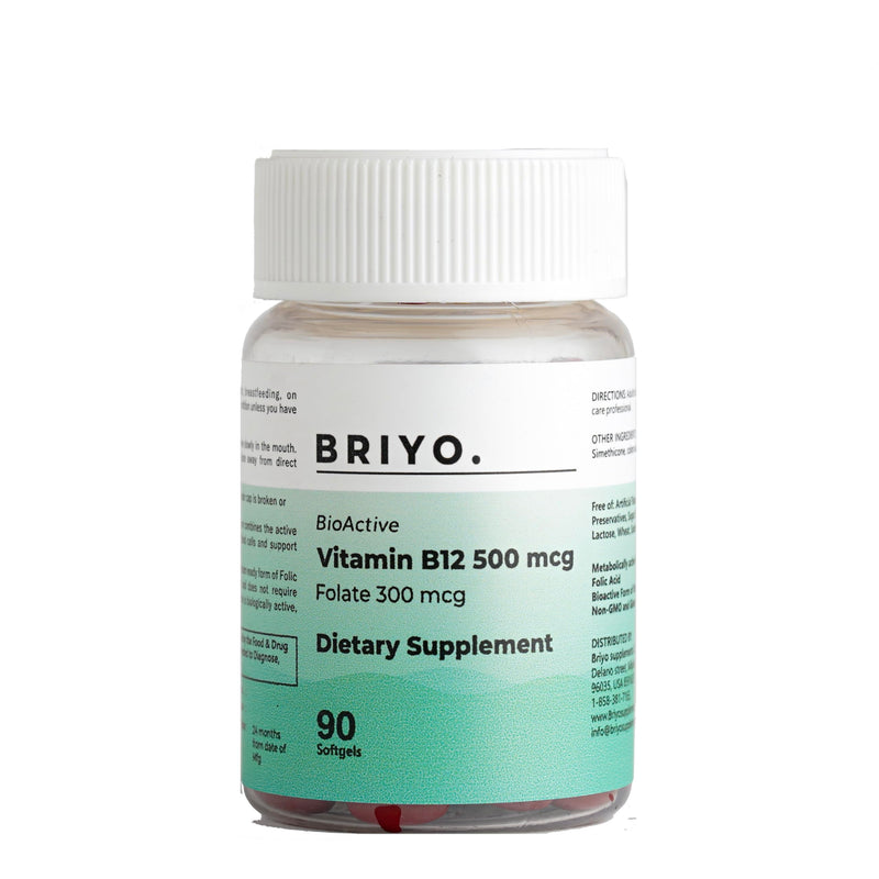 Briyo Vitamin B12 500 mcg (methylcobalamin) with Folate (methylfolate) 90 mini softgels