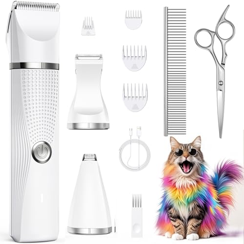 Cat Grooming Clippers Kit with Paw Trimmer, 3 in 1 Electric Pet Hair Trimmer Supplies for Thick Matted Hair, Heavy Coat Butt Shaver Cat Razor Fur Trimmer for Dogs at Home (White) White