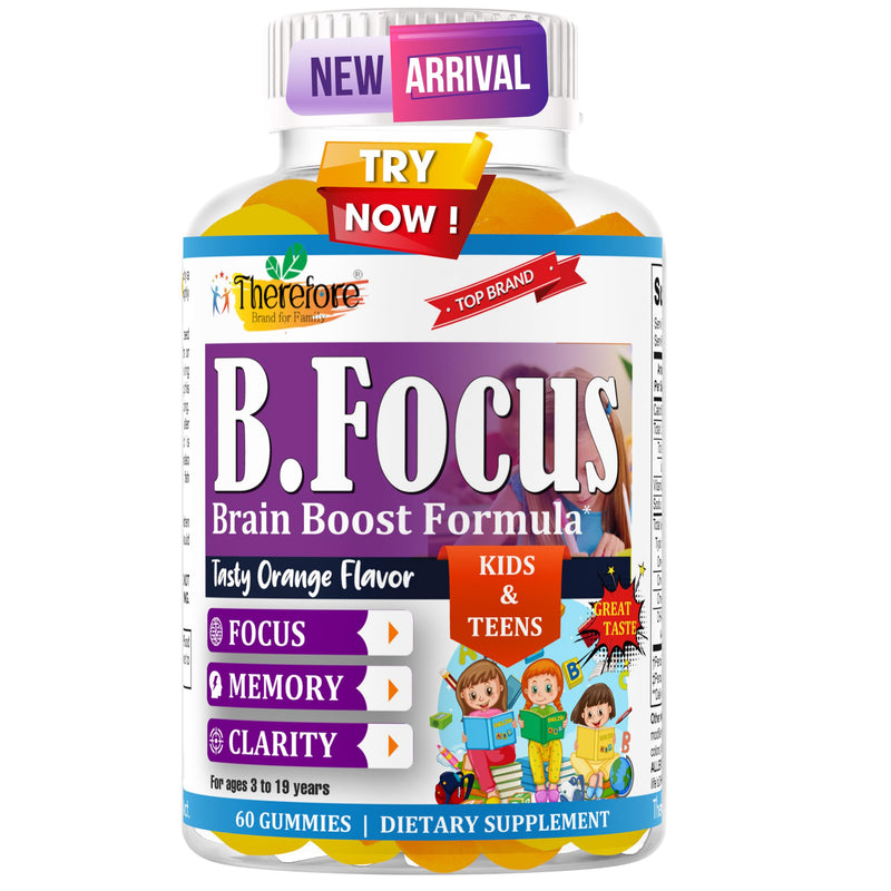 B.Focus Omega 3 for Kids & Teens, DHA Gummies, Kids Attention and Focus Supplement, Memory and Concentration Support, Children Gummies, Orange Flavor, 60 Count