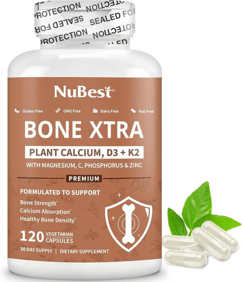 NuBest Bone Xtra - Plant Based Bone Strength, Strontium Boost with Strontium Citrate, Calcium, Magnesium from Marine Algae, Phosphorus, Vitamin C, K2, D3 | Maximum Calcium Absorption | 1 Month Supply 120 Count (Pack of 1)