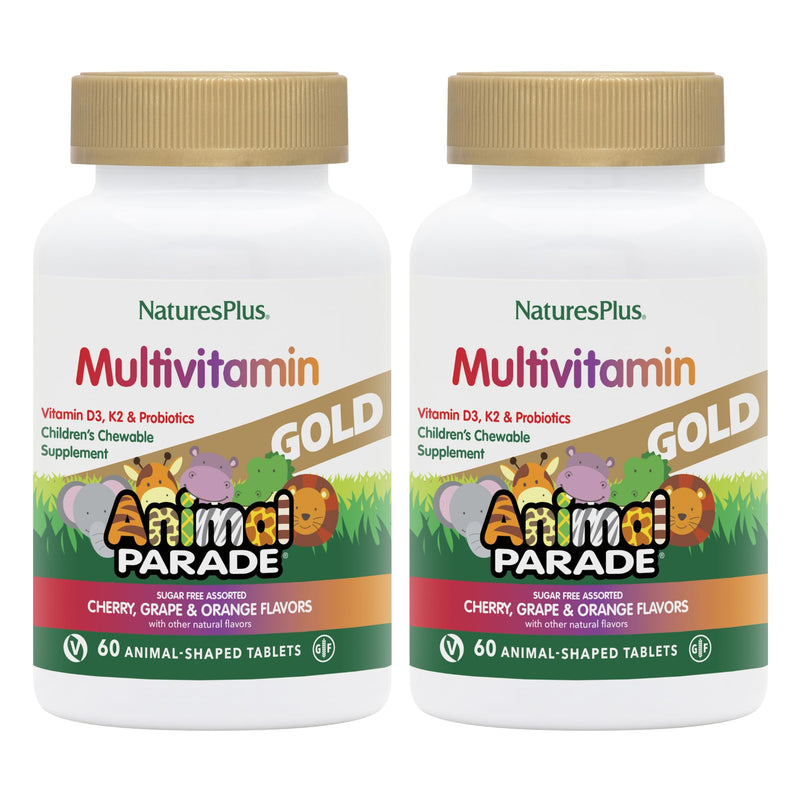 NaturesPlus Animal Parade Gold Children's Multivitamin - Assorted Cherry, Orange & Grape Flavors - 60 Chewable Tablets, Pack of 2 - Vegetarian, Gluten Free - 60 Total Servings 60 Count (Pack of 2)