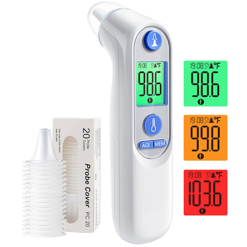Ear Thermometer, Digital Ear Thermometer for Kids and Adults, High Accuracy Baby Thermometer with 1s Result, 3-Color Dispaly, 30 Memory Recall, with 21 Disposable Probe Covers White - BeesActive Australia