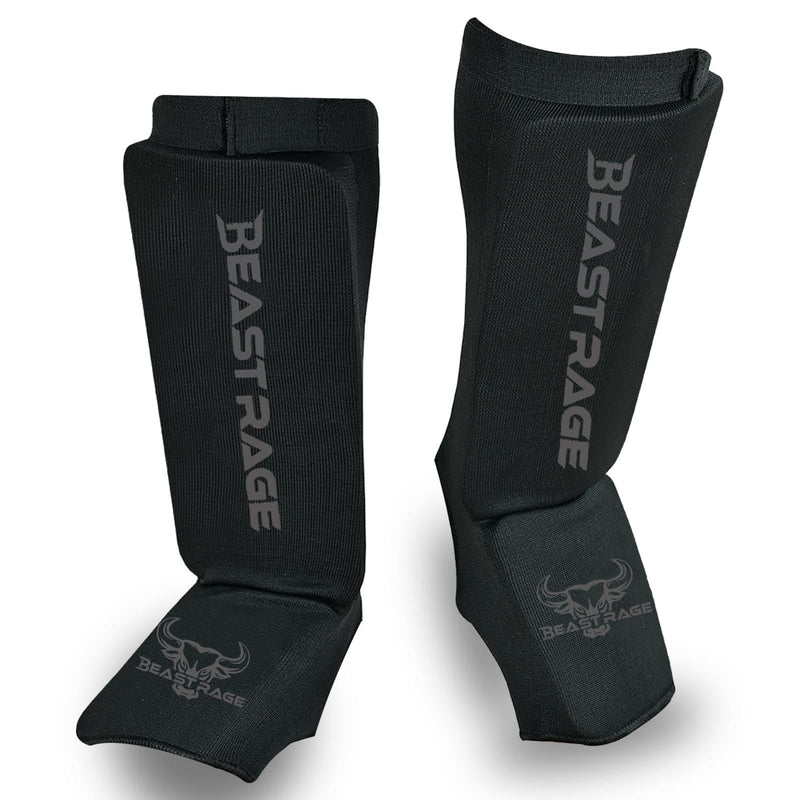 BEAST RAGE Shin Guards for Muay Thai, Kickboxing, MMA Leg Guards Martial Arts Taekwondo, Boxing, Elasticated Sock Padded Leg Instep Pads, Shin Pads,Sparring Training, Karate BJJ BLACK Medium
