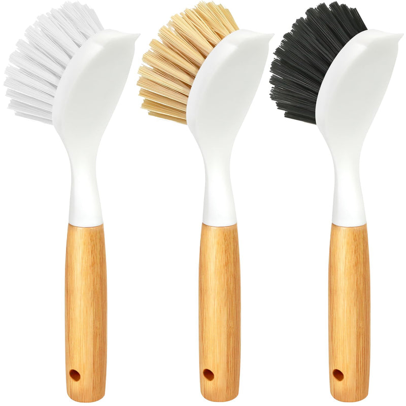 Holikme 3 Pack Dish Brush Set with Bamboo Handle, Kitchen Scrub Brush for Cleaning Dish, Pot, Sink and Stove, Skillet Scrubber with Tough Bristles for Cast Iron Grill Pan, Yellow White Black - BeesActive Australia
