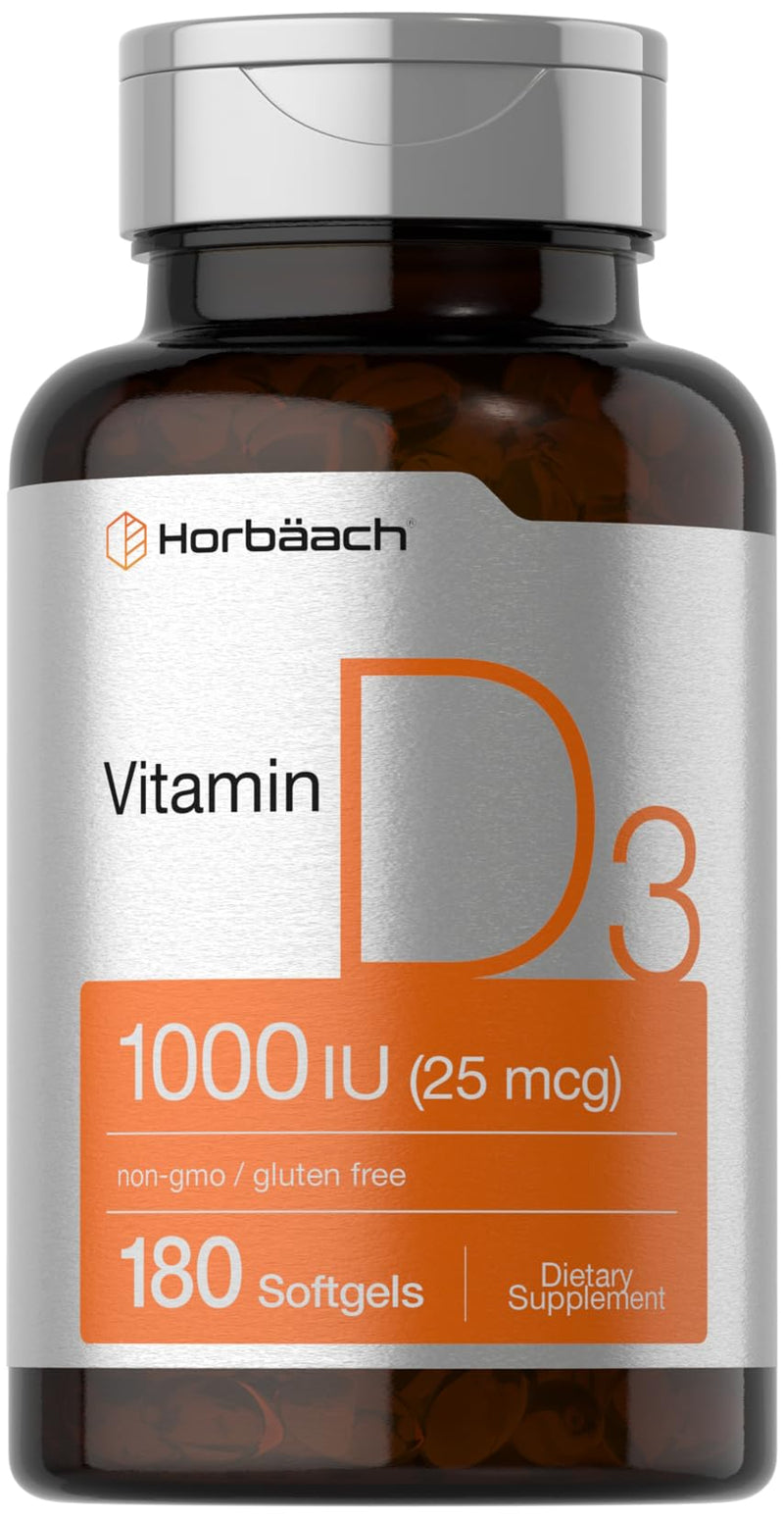 Horbäach Vitamin D3 1000IU (25mcg) Softgels | 180 Count | High Potency Formula | Non-GMO & Gluten Free Supplement