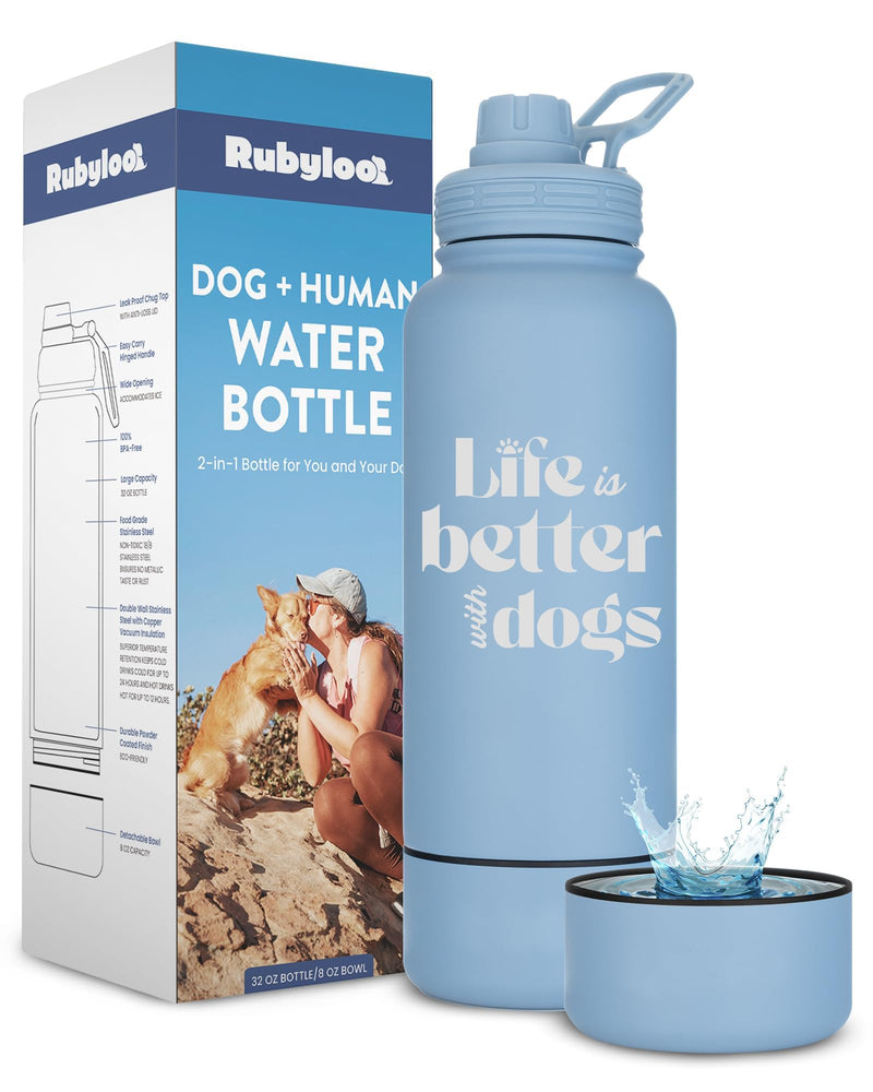 Dog Water Bottle for Dog Lovers - 32 oz Stainless Steel Double Wall Insulated Water Bottle with 8 oz Attached Dog Bowl - Best Dog Mom Gifts for Women - “Life is Better with Dogs” - Dusty Blue Life is Better: Dusty Blue - BeesActive Australia