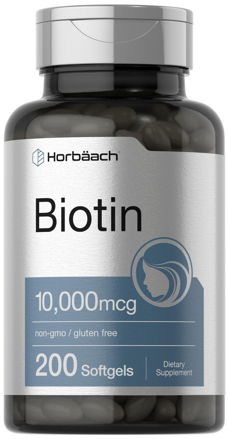 Horbäach Biotin 10000 mcg | 200 Softgels with Vitamin B7 | Beauty Formula Supplement | Non-GMO & Gluten Free