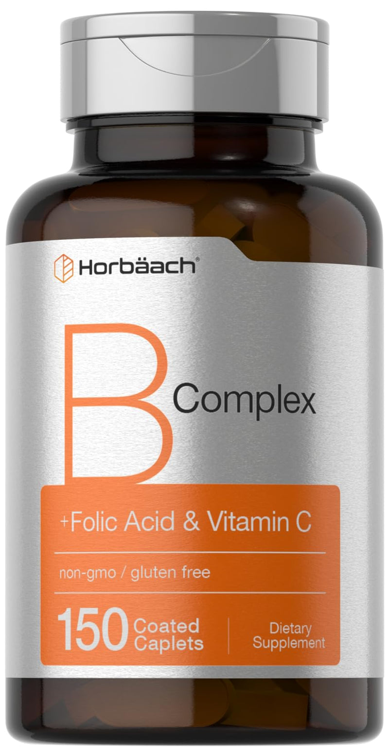 Horbaach B Complex Vitamins for Women and Men | 150 Caplets | With Folic Acid & Vitamin C | Non-GMO & Gluten Free Supplement