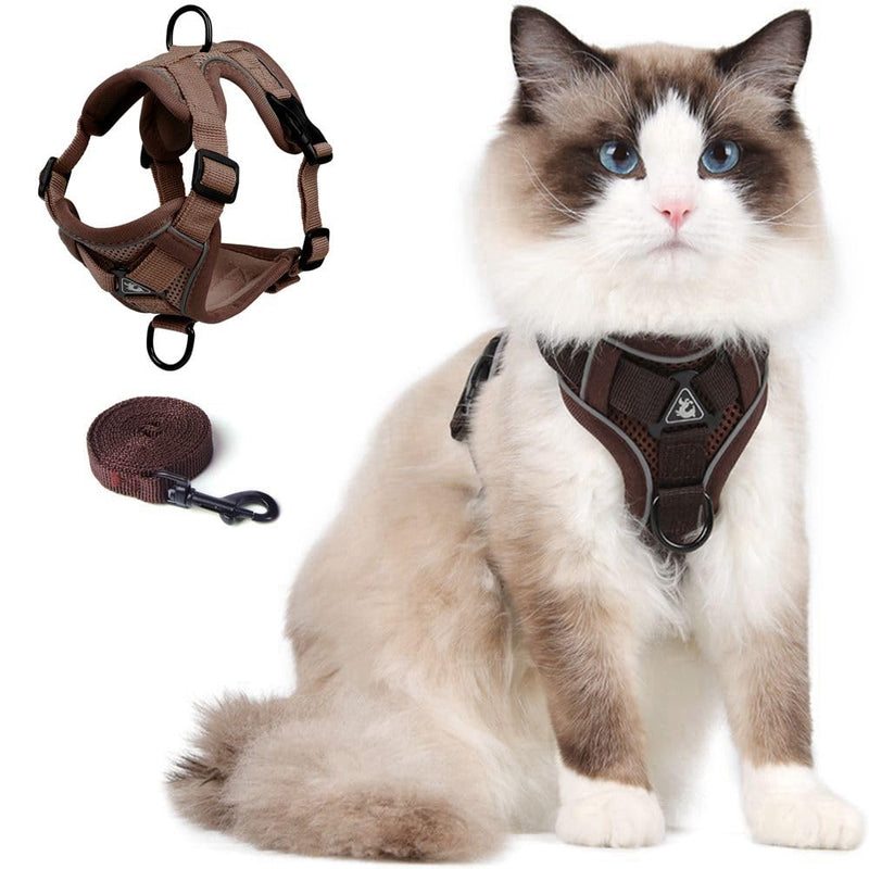 Cat Harness and Leash Set, Upgraded Escape Proof Adjustable Vest with Lead for Kitten Puppy Outdoor Walking, Soft Breathable Mesh Jacket with Reflective Strips for Dark Night (M, Coffee Brown) Medium - BeesActive Australia