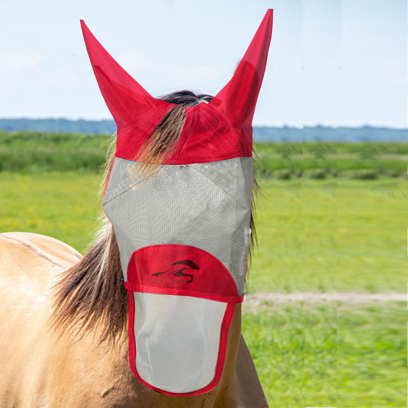 Horse Fly Mask with Long Nose and Ears,Red,Medium Size Medium Red - BeesActive Australia