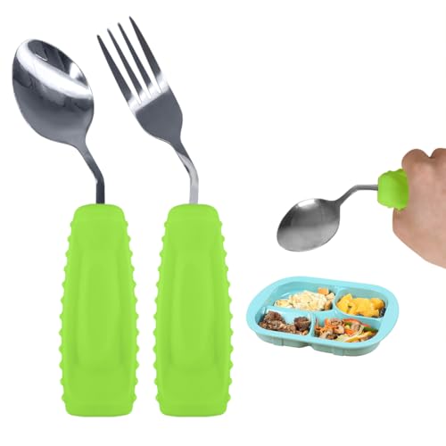 EZ Assistive Adaptive Weighted Utensils Set – Spoon and Fork for Hand Tremors, Parkinson’s, Elderly, and Arthritis – Adaptive Eating Utensils for Weak Grip and Limited Mobility Right Hand - 1 Set Green Spoon and Fork